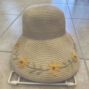 Visor Floppy Paper Boho Hat Embroidered Flowers Hippie Festival‎ VTG Y2K